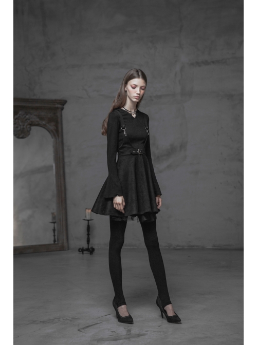 Steam Punk Female Casual Black Metal Buckle Strap Skirt
