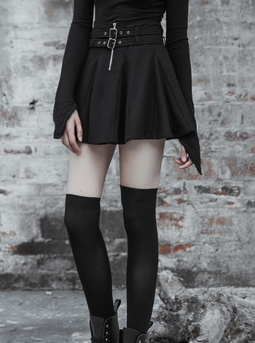 Steam Punk Female Causal Black Metal Zipper Belt Pleated Skirt
