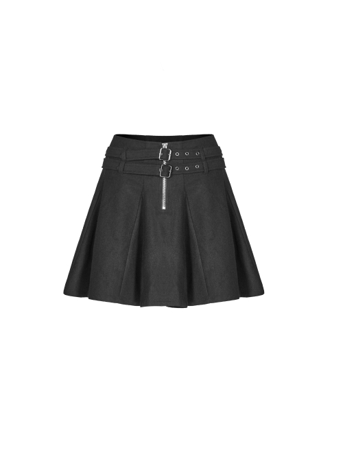 Steam Punk Female Causal Black Metal Zipper Belt Pleated Skirt