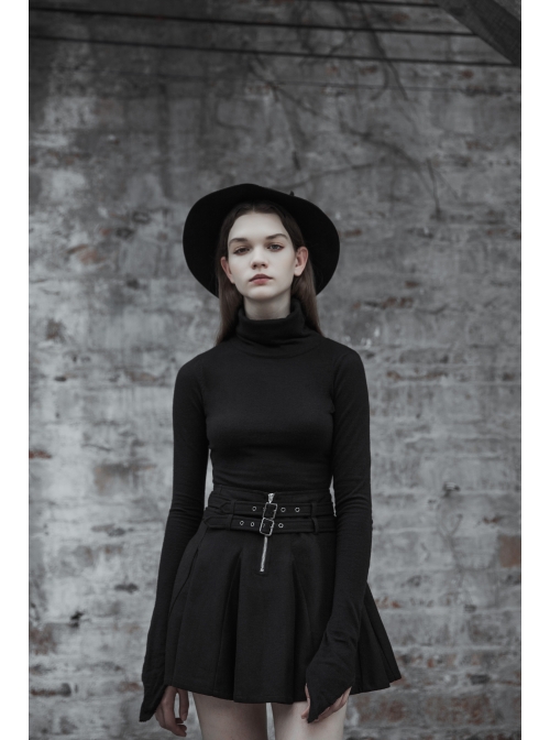 Steam Punk Female Causal Black Metal Zipper Belt Pleated Skirt
