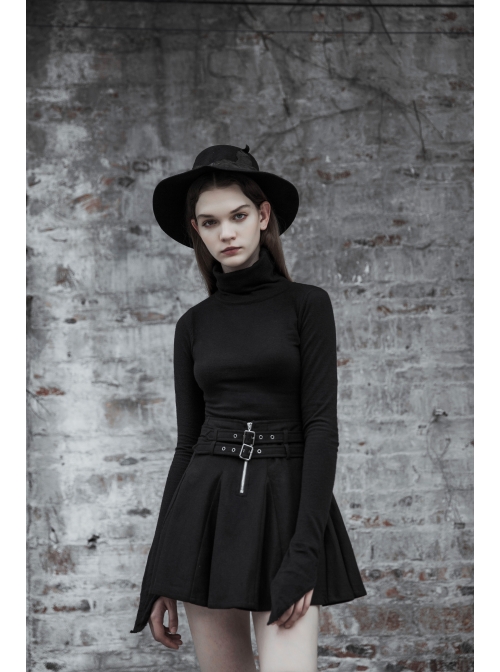 Steam Punk Female Causal Black Metal Zipper Belt Pleated Skirt