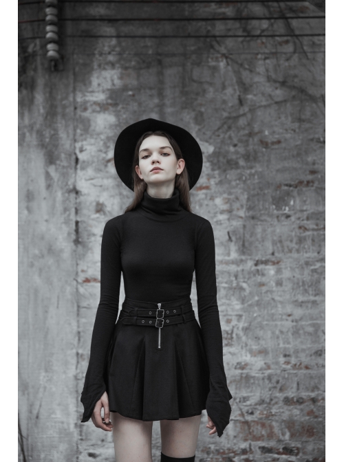 Steam Punk Female Causal Black Metal Zipper Belt Pleated Skirt