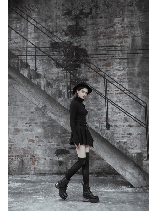 Steam Punk Female Causal Black Metal Zipper Belt Pleated Skirt