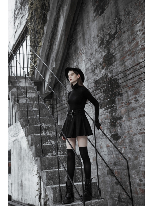 Steam Punk Female Causal Black Metal Zipper Belt Pleated Skirt