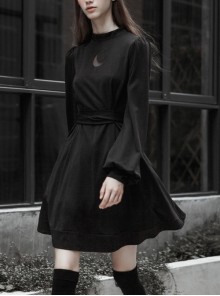 Gothic Female Dark High Waist Long Sleeve Moon Printed High Collar Dress