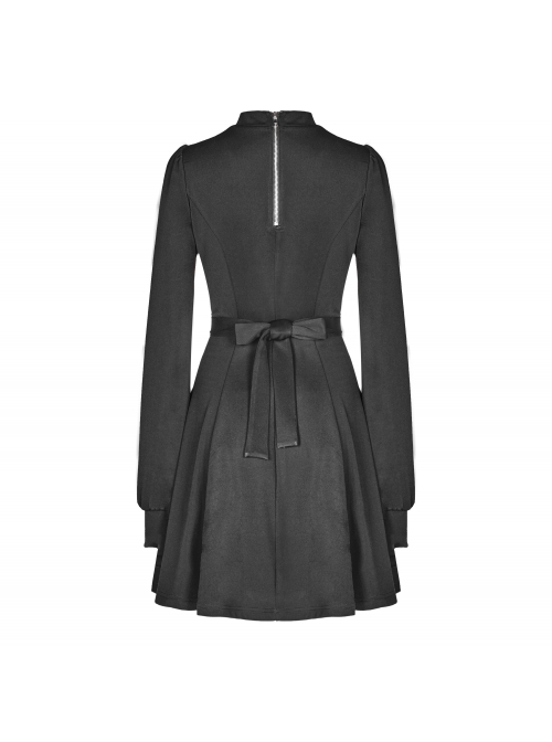 Gothic Female Dark High Waist Long Sleeve Moon Printed High Collar Dress