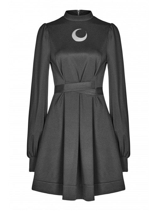 Gothic Female Dark High Waist Long Sleeve Moon Printed High Collar Dress