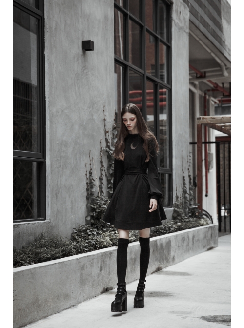 Gothic Female Dark High Waist Long Sleeve Moon Printed High Collar Dress
