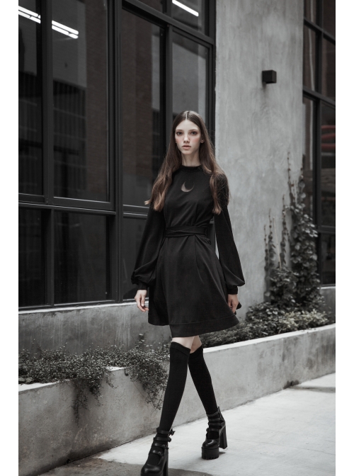 Gothic Female Dark High Waist Long Sleeve Moon Printed High Collar Dress