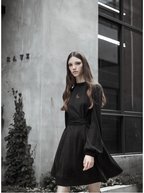 Gothic Female Dark High Waist Long Sleeve Moon Printed High Collar Dress