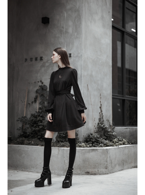 Gothic Female Dark High Waist Long Sleeve Moon Printed High Collar Dress