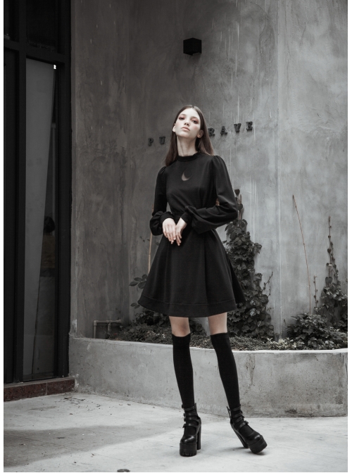 Gothic Female Dark High Waist Long Sleeve Moon Printed High Collar Dress