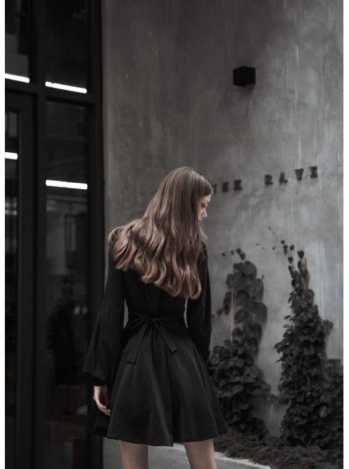 Gothic Female Dark High Waist Long Sleeve Moon Printed High Collar Dress