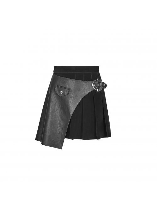 Steam Punk Female Velvet PU Leather Stitching Metal Buckle Pleated Skirt