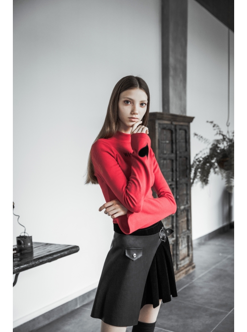 Steam Punk Female Velvet PU Leather Stitching Metal Buckle Pleated Skirt