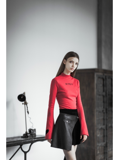 Steam Punk Female Velvet PU Leather Stitching Metal Buckle Pleated Skirt