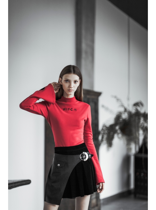 Steam Punk Female Velvet PU Leather Stitching Metal Buckle Pleated Skirt