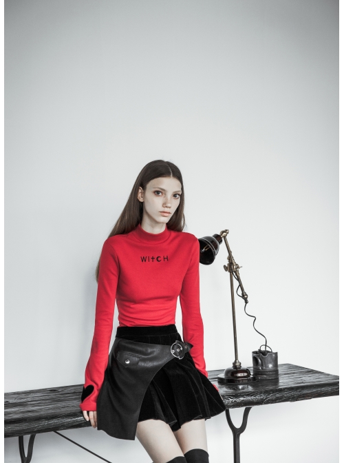 Steam Punk Female Velvet PU Leather Stitching Metal Buckle Pleated Skirt