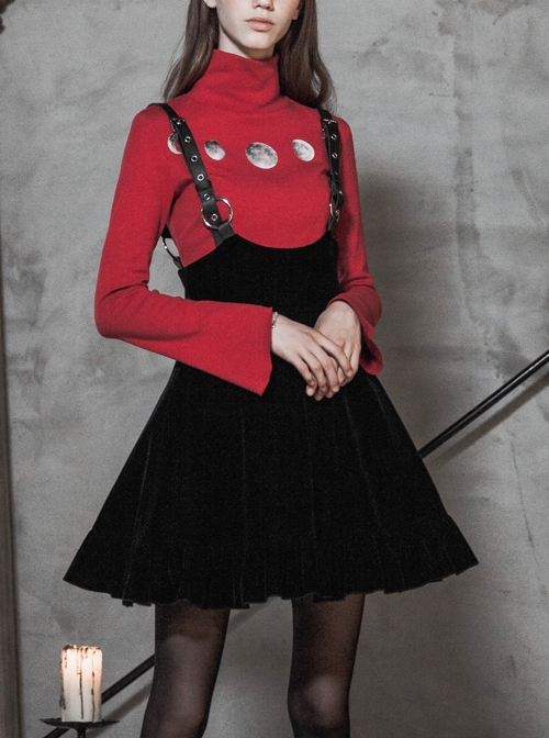 Steam Punk Female Casual Black Velvet Pleated Strap Skirt