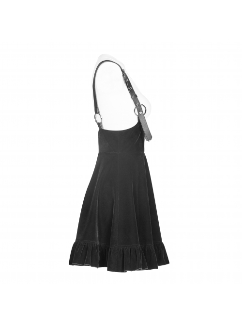 Steam Punk Female Casual Black Velvet Pleated Strap Skirt