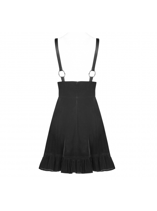 Steam Punk Female Casual Black Velvet Pleated Strap Skirt