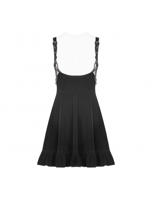 Steam Punk Female Casual Black Velvet Pleated Strap Skirt