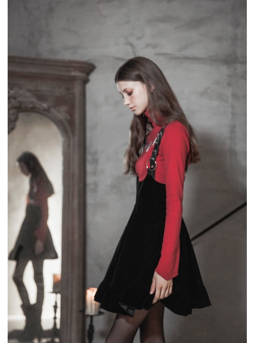Steam Punk Female Casual Black Velvet Pleated Strap Skirt