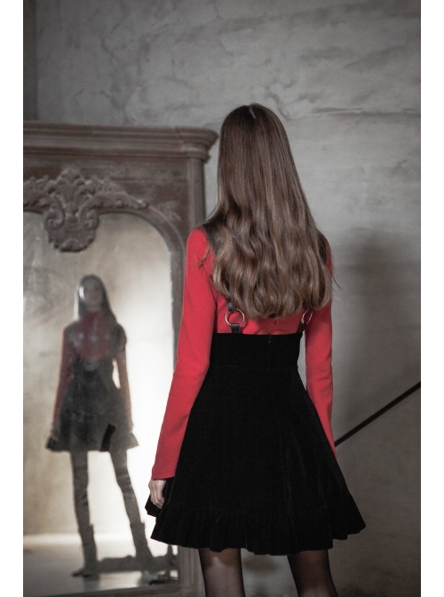 Steam Punk Female Casual Black Velvet Pleated Strap Skirt