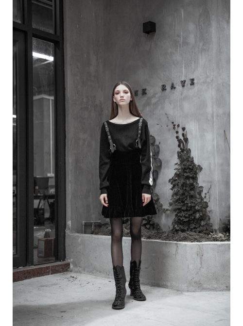 Steam Punk Female Casual Black Velvet Pleated Strap Skirt