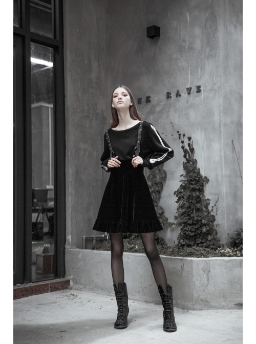 Steam Punk Female Casual Black Velvet Pleated Strap Skirt