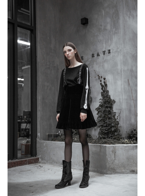 Steam Punk Female Casual Black Velvet Pleated Strap Skirt