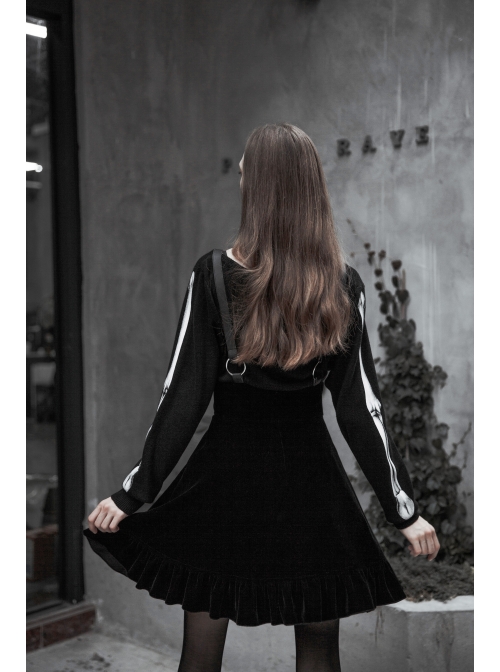 Steam Punk Female Casual Black Velvet Pleated Strap Skirt