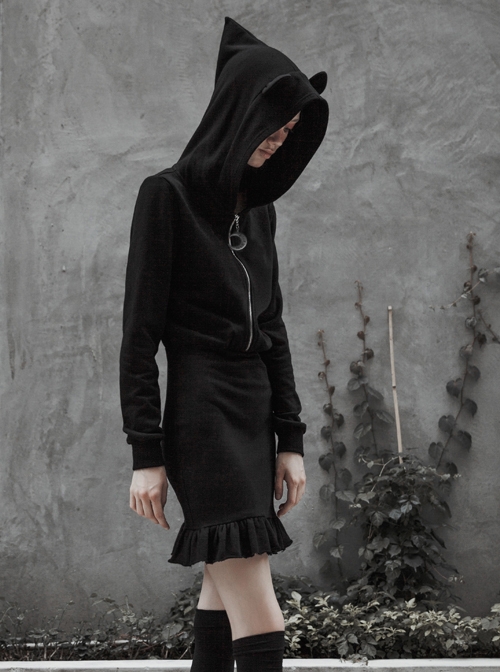 Gothic Female Black Hooded Lotus Leaf Hem Elastic Dress