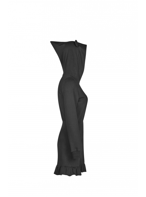 Gothic Female Black Hooded Lotus Leaf Hem Elastic Dress