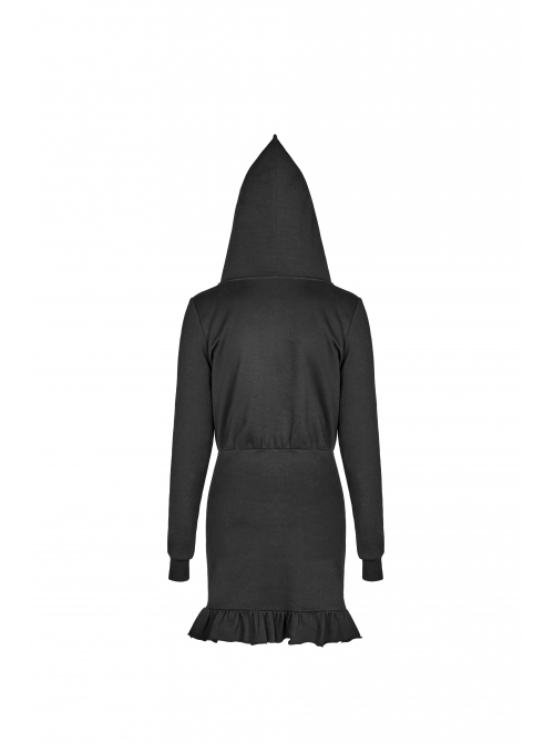 Gothic Female Black Hooded Lotus Leaf Hem Elastic Dress