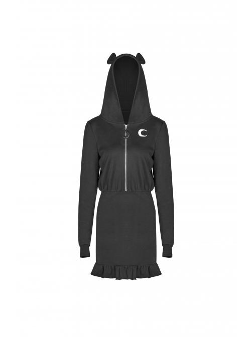 Gothic Female Black Hooded Lotus Leaf Hem Elastic Dress