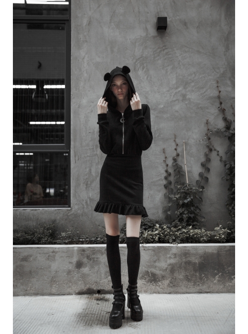 Gothic Female Black Hooded Lotus Leaf Hem Elastic Dress