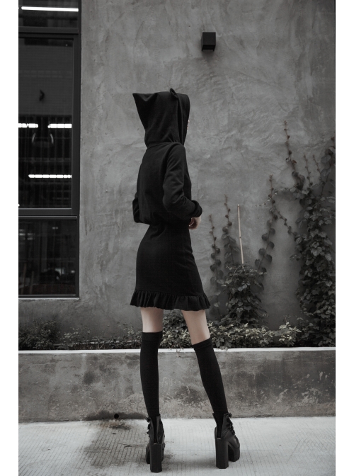 Gothic Female Black Hooded Lotus Leaf Hem Elastic Dress