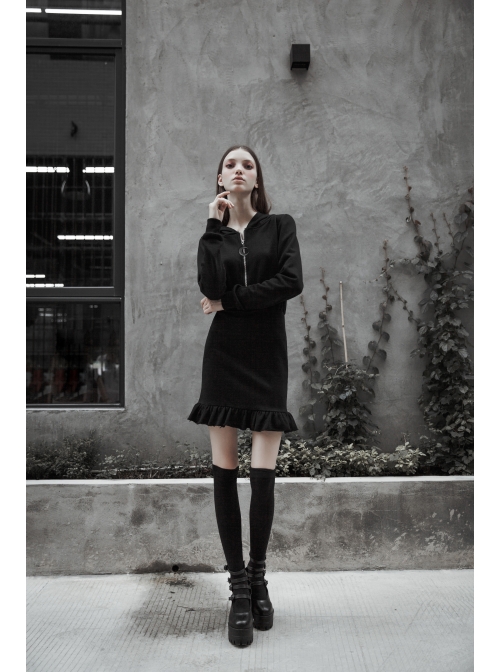 Gothic Female Black Hooded Lotus Leaf Hem Elastic Dress
