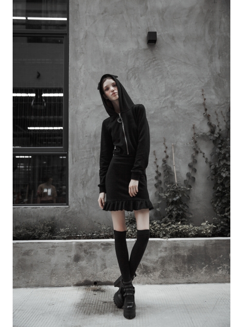 Gothic Female Black Hooded Lotus Leaf Hem Elastic Dress