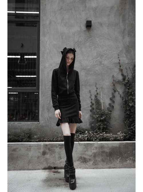 Gothic Female Black Hooded Lotus Leaf Hem Elastic Dress