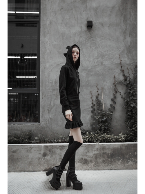 Gothic Female Black Hooded Lotus Leaf Hem Elastic Dress