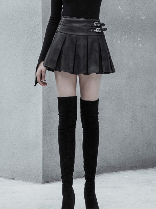 Steam Punk Female PU Leather Metal Buckle Skirt