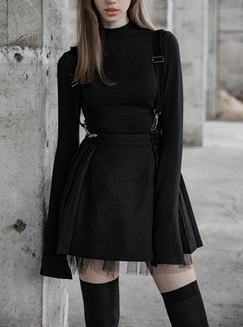 Steam Punk Female Casual Black Strap Metal Buckle Skirt