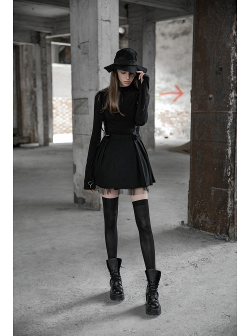 Steam Punk Female Casual Black Strap Metal Buckle Skirt