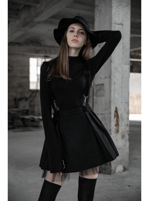 Steam Punk Female Casual Black Strap Metal Buckle Skirt