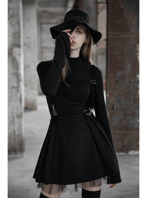 Steam Punk Female Casual Black Strap Metal Buckle Skirt