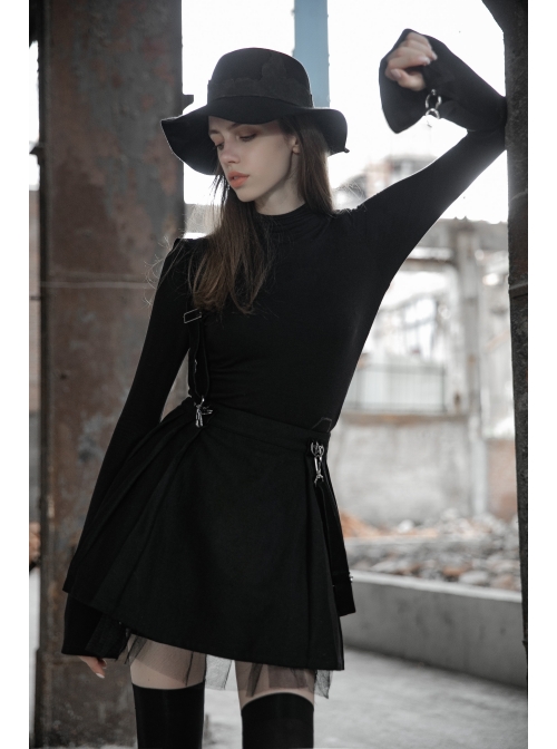 Steam Punk Female Casual Black Strap Metal Buckle Skirt