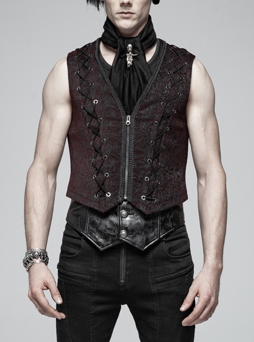 Front Chest Three-Dimensional Pattern Ribbon Metal Eyelets Lace-Up Dark Red Gothic Vest