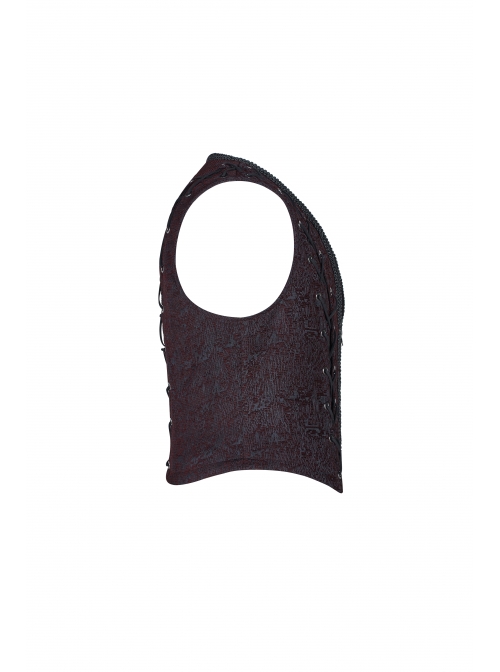 Front Chest Three-Dimensional Pattern Ribbon Metal Eyelets Lace-Up Dark Red Gothic Vest